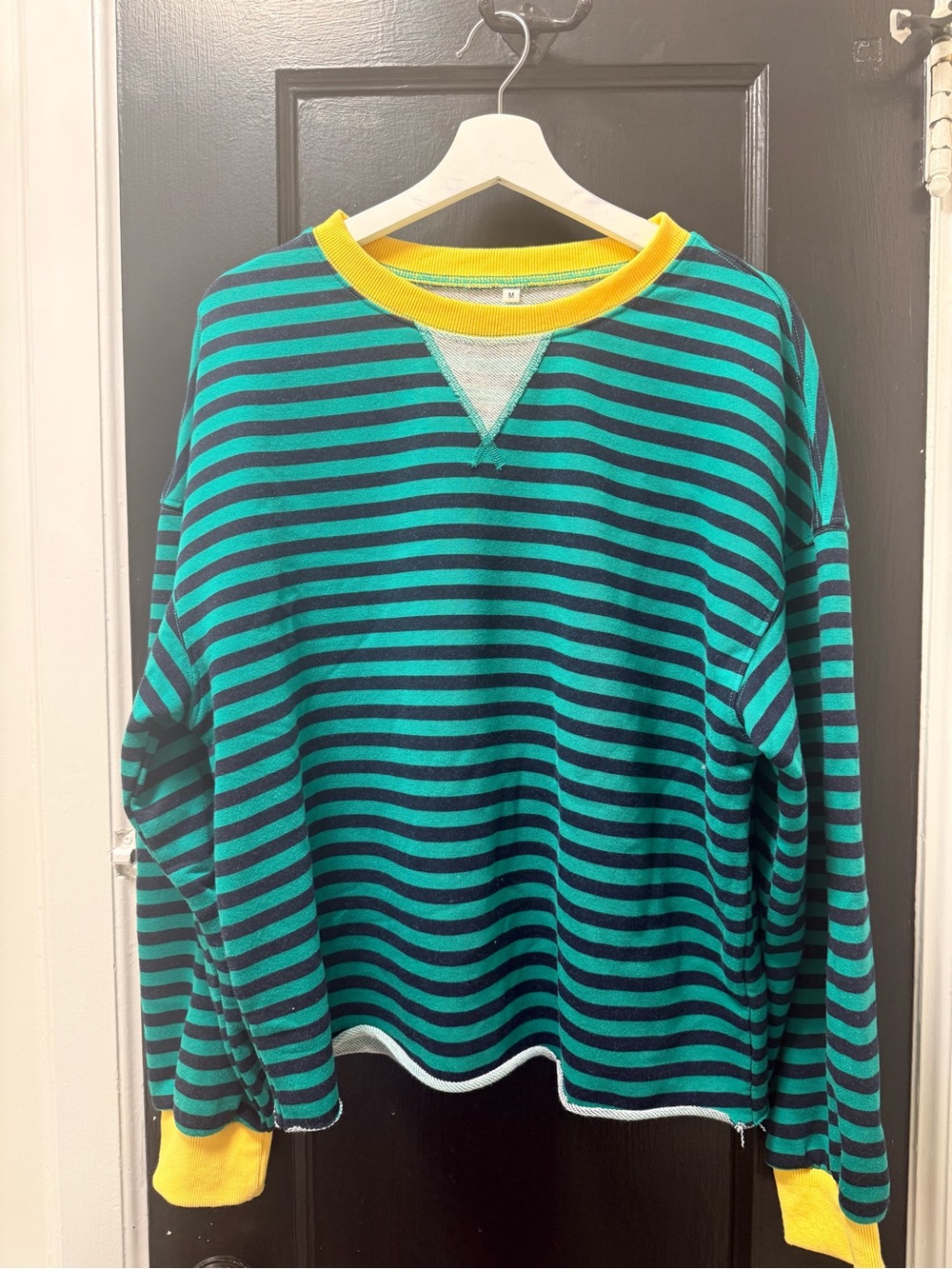 Striped Teal and Black Crewneck Sweatshirt with Yellow Trim